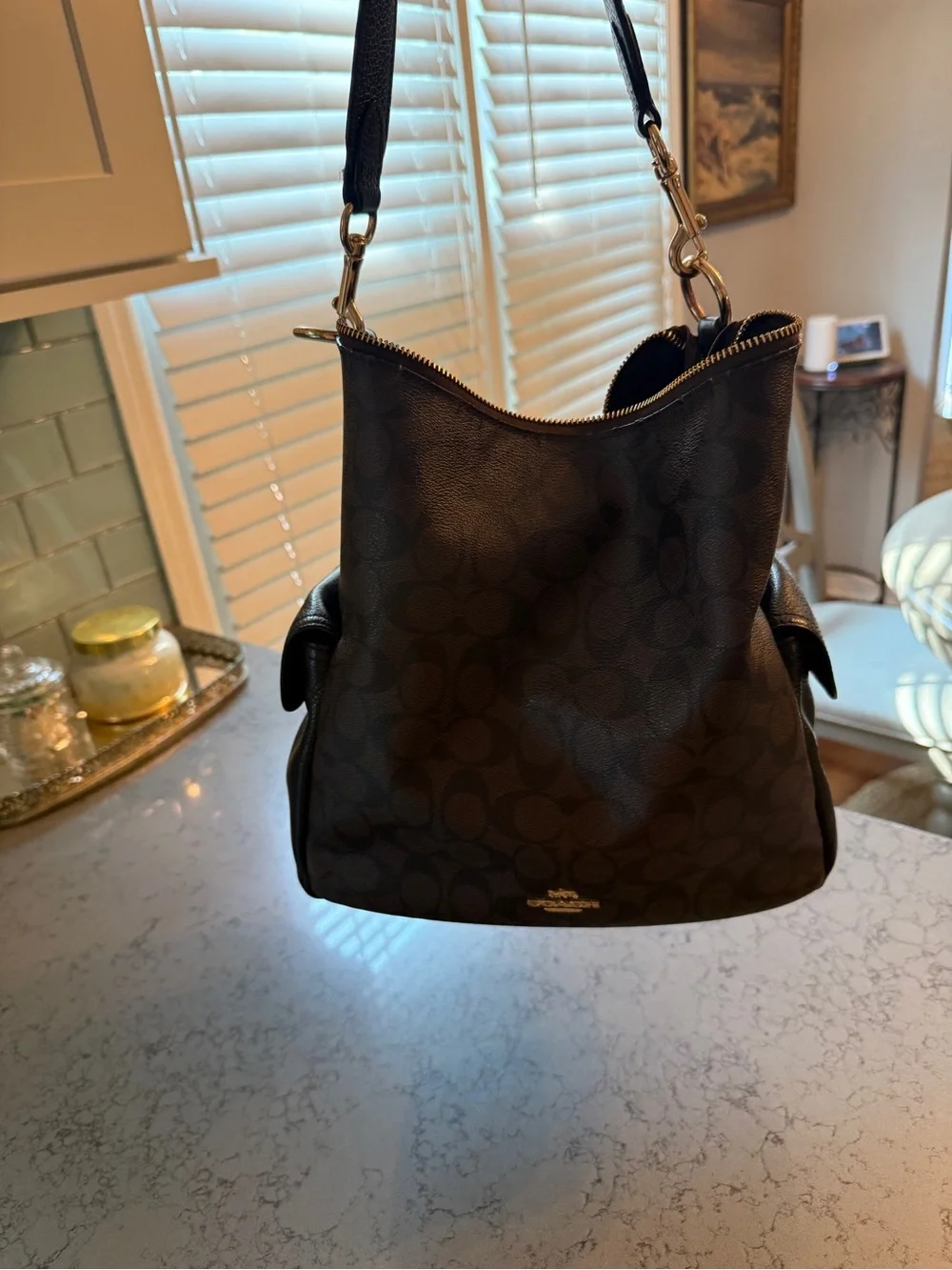 Coach Pennie Shoulder Bag Signature Canvas Brown Black Leather C1523